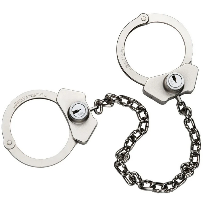 Model 702C Oversize Handcuff connected to Model 705C Oversize Leg Iron with 32 inch Chain - Nickel Finish