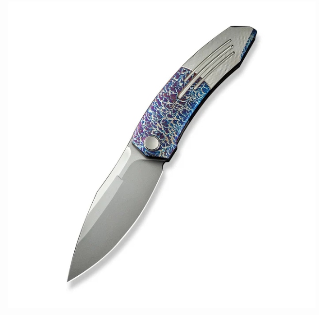 WE Knife Sine Wave Flipper Knife - Flamed & Satin Titanium / 3.98" Polished Bead Blast Drop Point