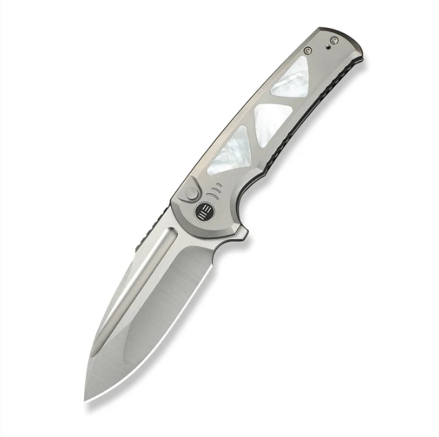 WE Knife Sylox Knife - Gray, White Titanium with Mother of Pearl Inlay / 3.8" Satin Drop Point